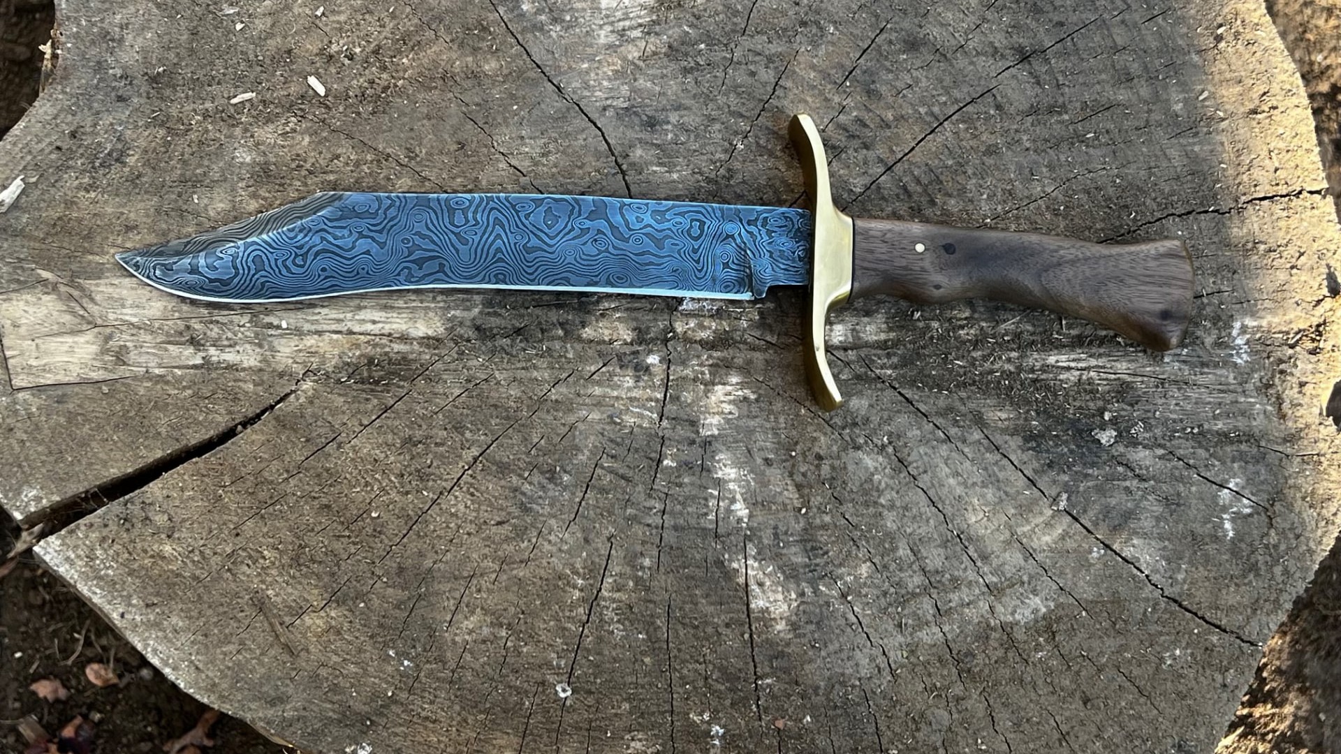 Hand-forged Damascus hunting knife with brass guard resting on a tree stump